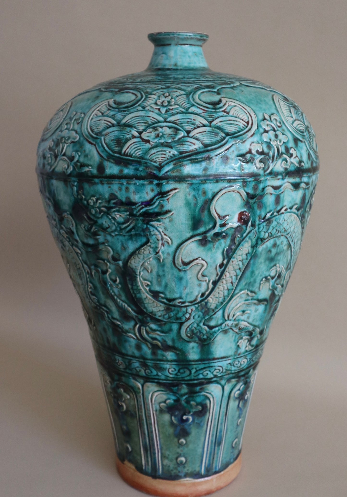 1950s Large Chinese Dragon Decorated Turquoise Vase
