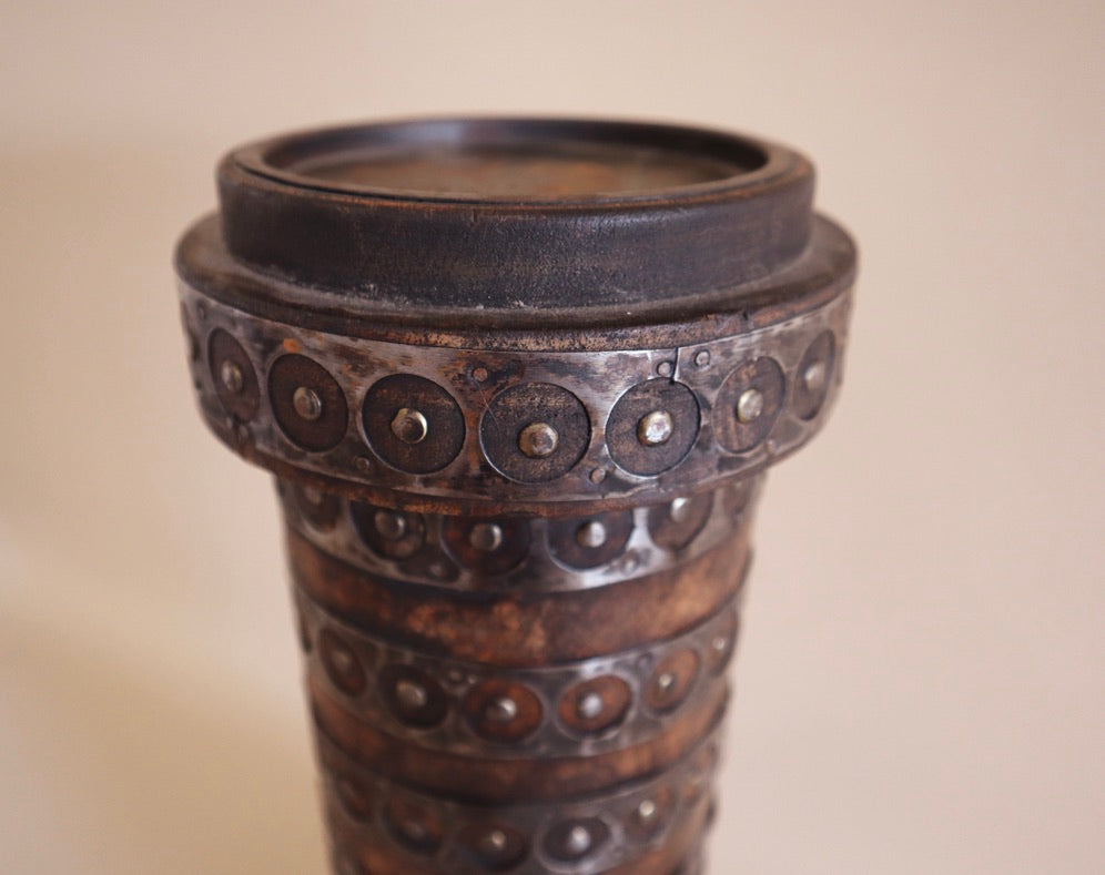 Large 1970's Metal-Banded Wooden Candle Holder