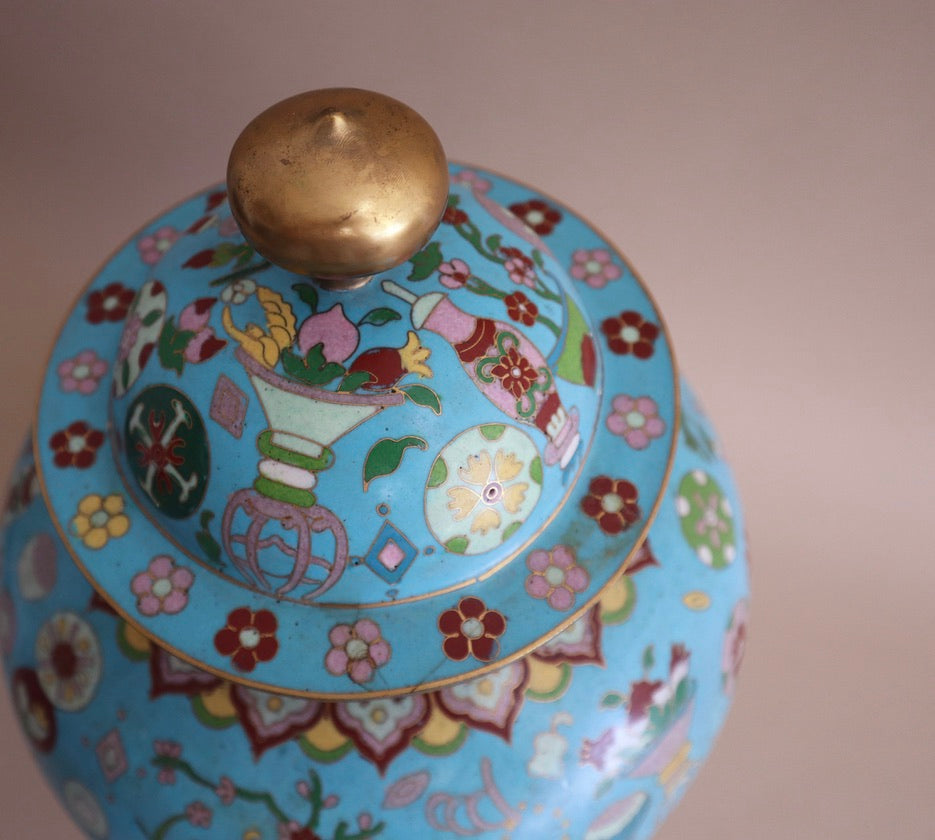 Pair of XL Antique Lidded Cloisonné Ginger Jars