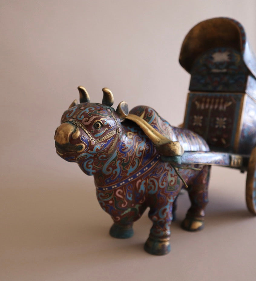 Early 1900s Antique Cloisonné Ox Pulling Cart