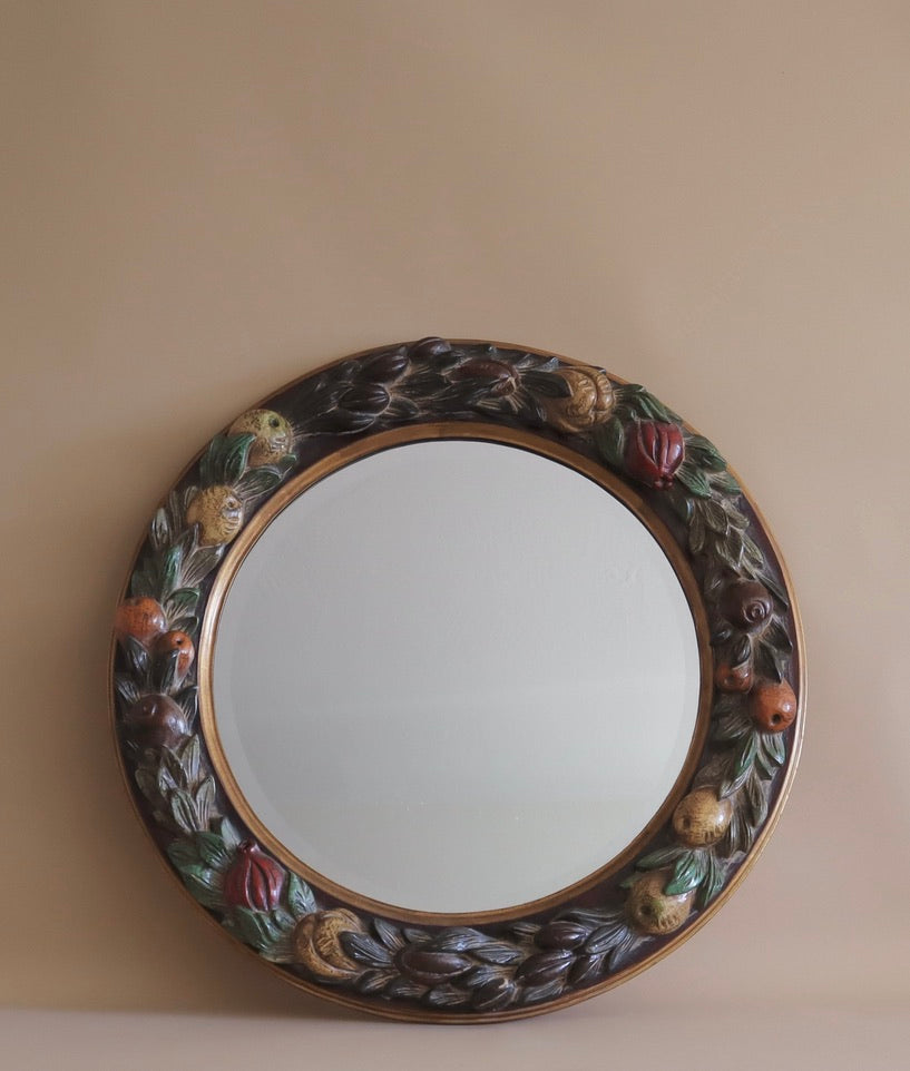 Carved Fruit Round Beveled Mirror by La Barge