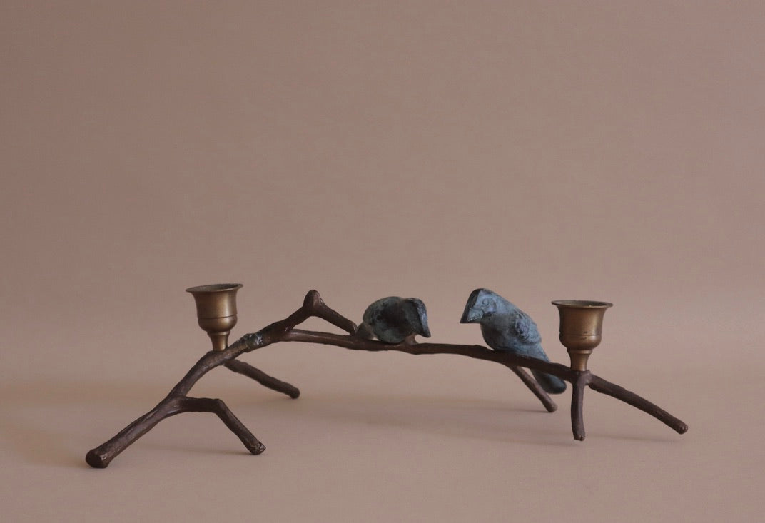 1970s Birds Perched on Branch Iron Candle Holder