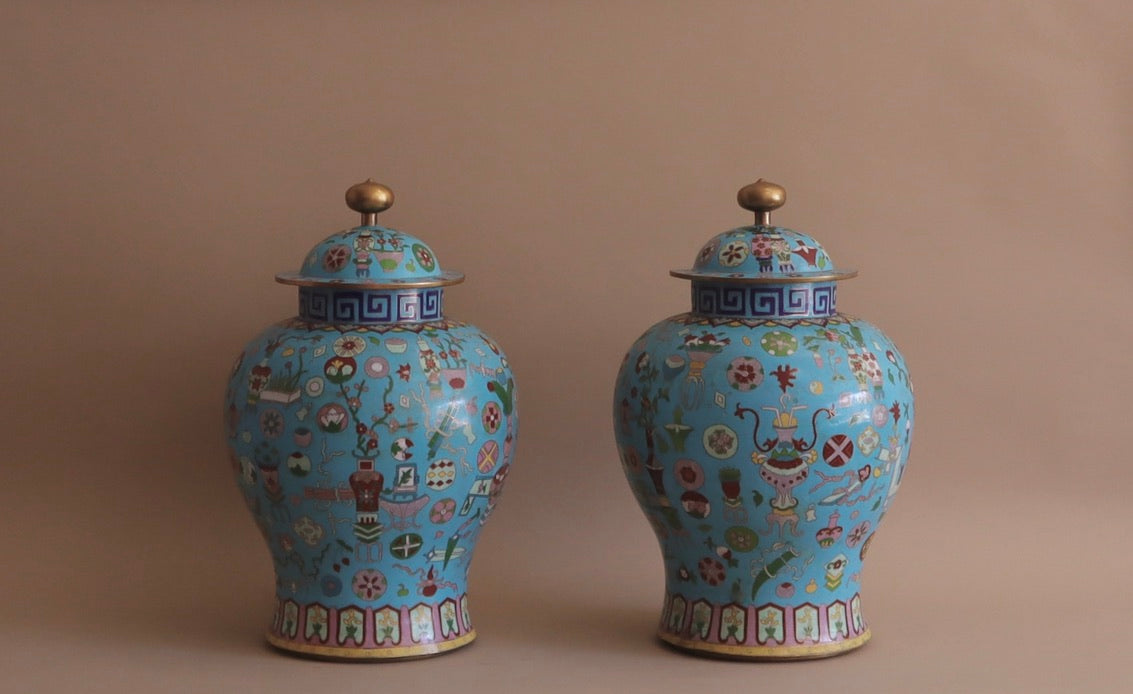 Pair of XL Antique Lidded Cloisonné Ginger Jars