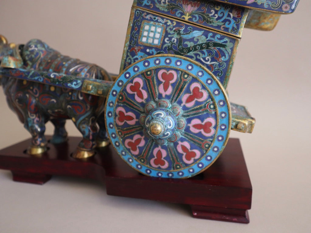 Early 1900s Antique Cloisonné Ox Pulling Cart on Wood Stand