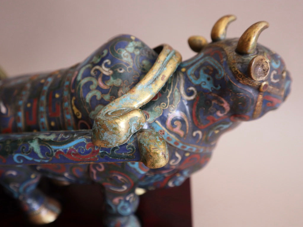 Early 1900s Antique Cloisonné Ox Pulling Cart on Wood Stand