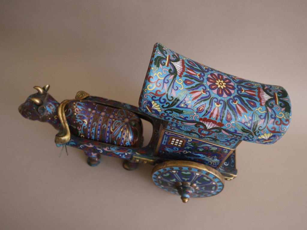 Early 1900s Antique Cloisonné Ox Pulling Cart