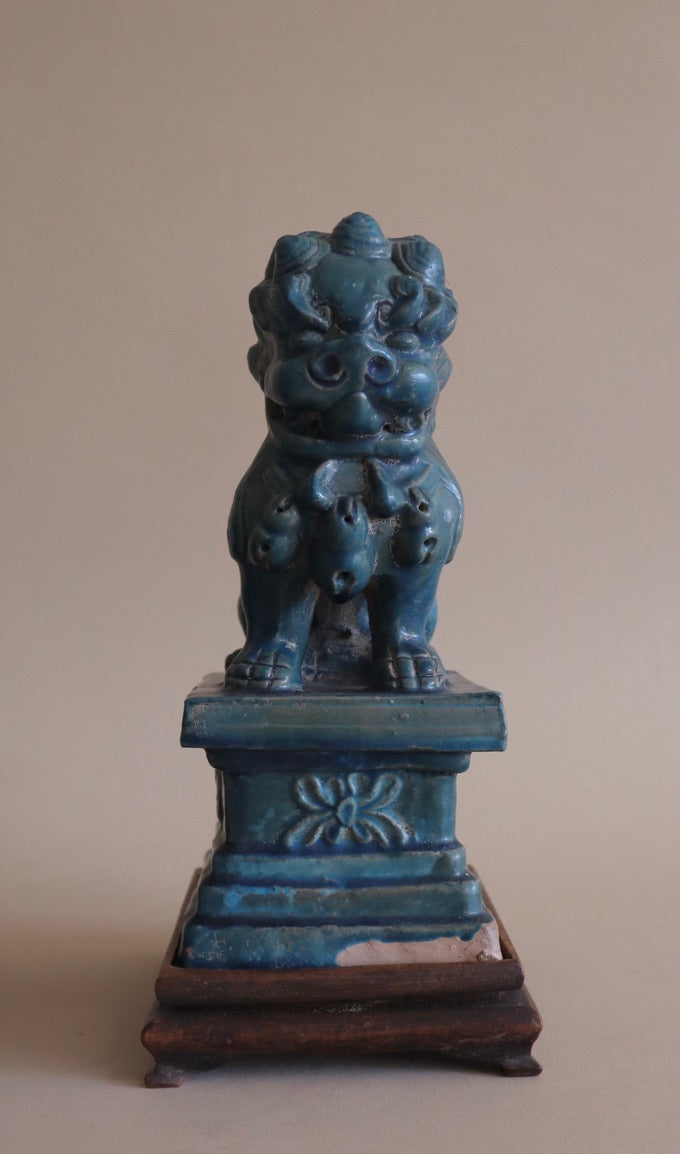 Early 1900s Pair of Antique Teal Glaze Chinese Foo Dogs