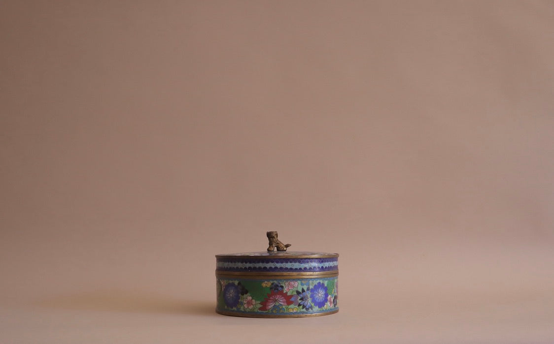 Antique Cloisonné Round Lidded Box With Foo Dog Finial