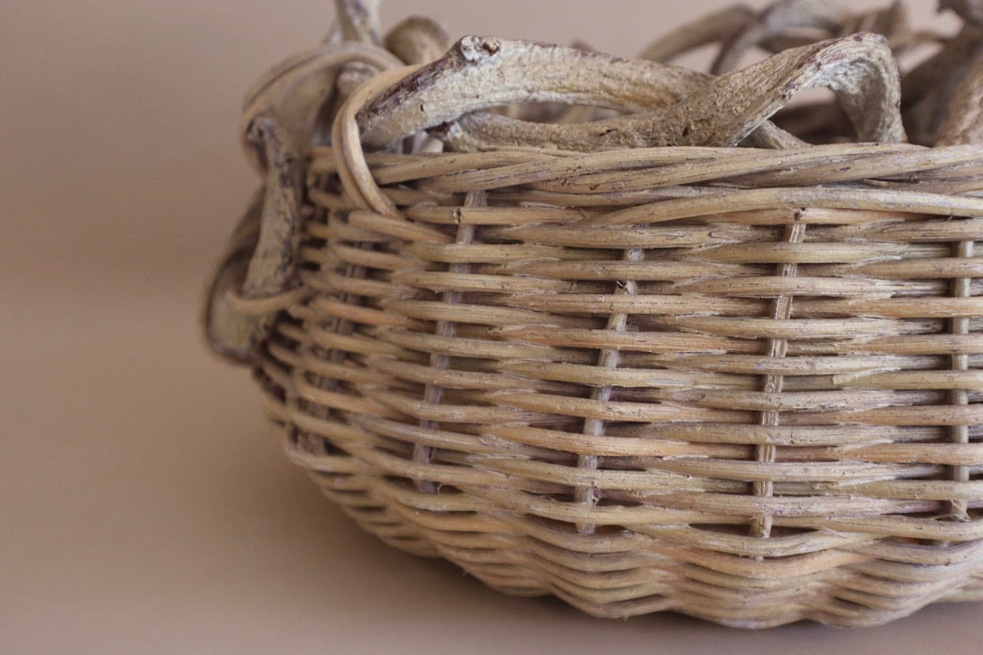1970s Vintage Rustic Vine Handle Woven Basket