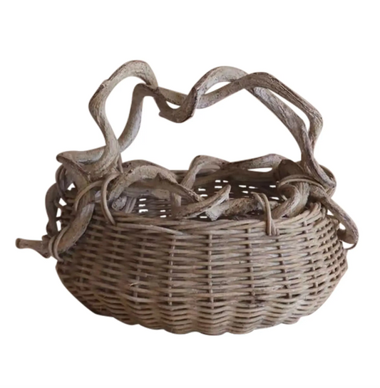 1970s Vintage Rustic Vine Handle Woven Basket