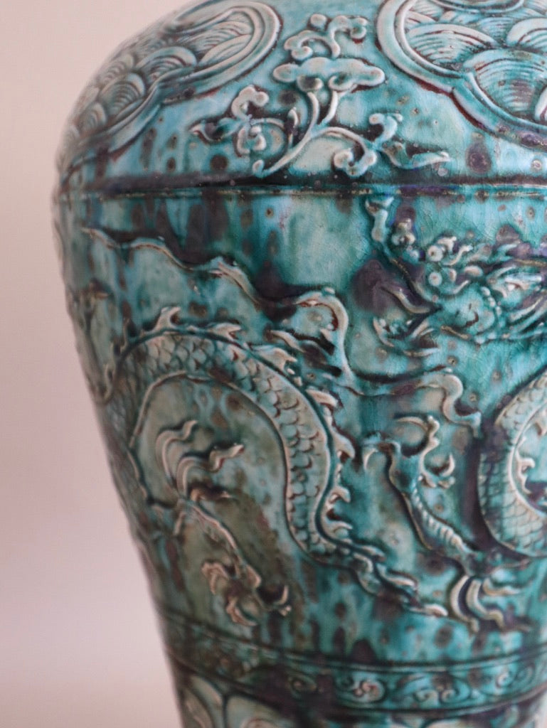 1950s Large Chinese Dragon Decorated Turquoise Vase