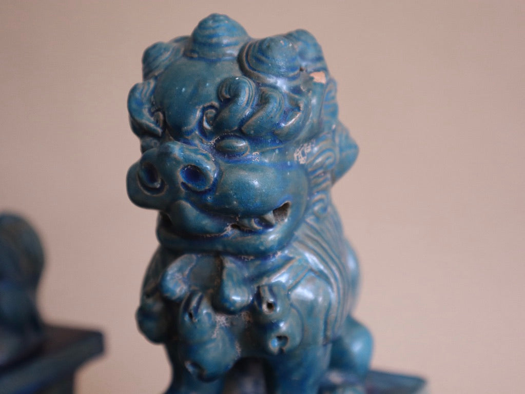 Early 1900s Pair of Antique Teal Glaze Chinese Foo Dogs