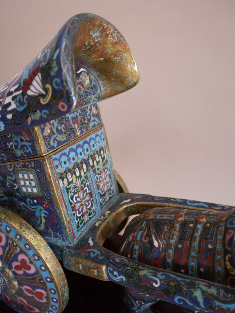 Early 1900s Antique Cloisonné Ox Pulling Cart on Wood Stand
