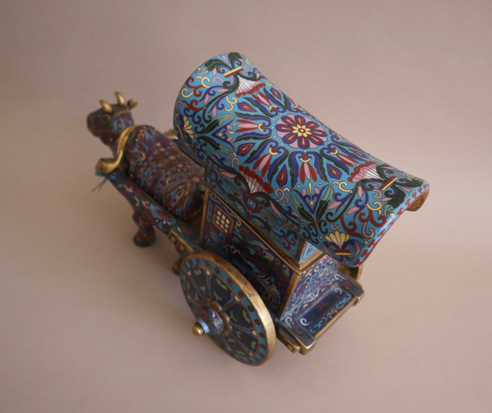 Early 1900s Antique Cloisonné Ox Pulling Cart