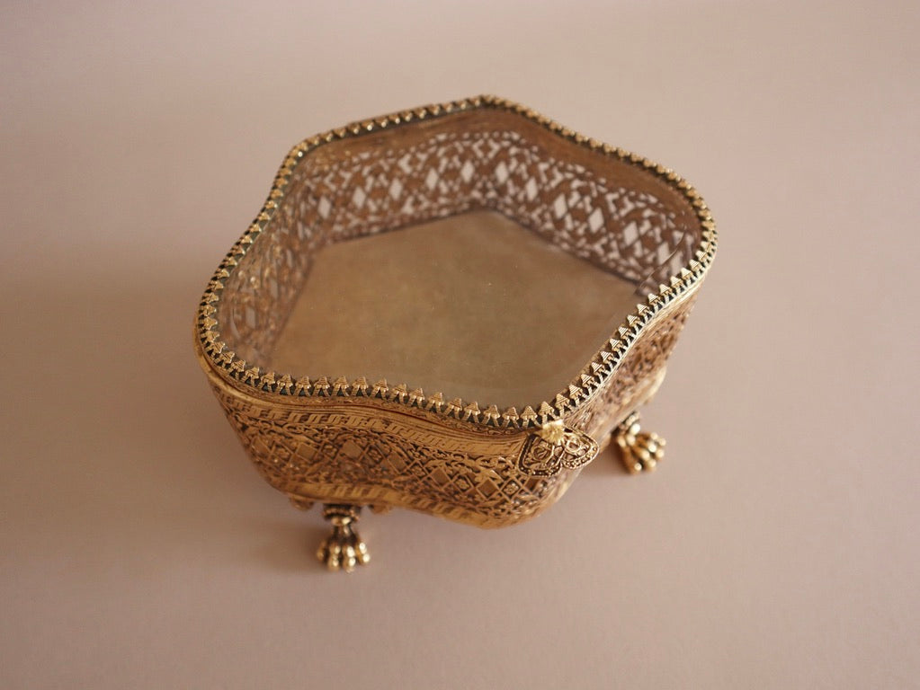 Vintage Gold Filigree & Beveled Glass Vanity Box