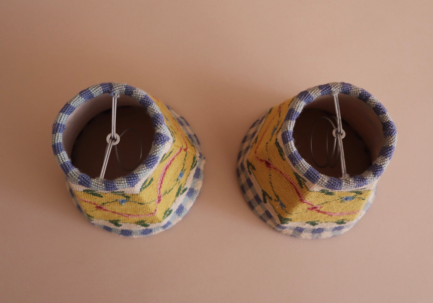 Pair 1990s French Country Mini Needlepoint Lamp Shades