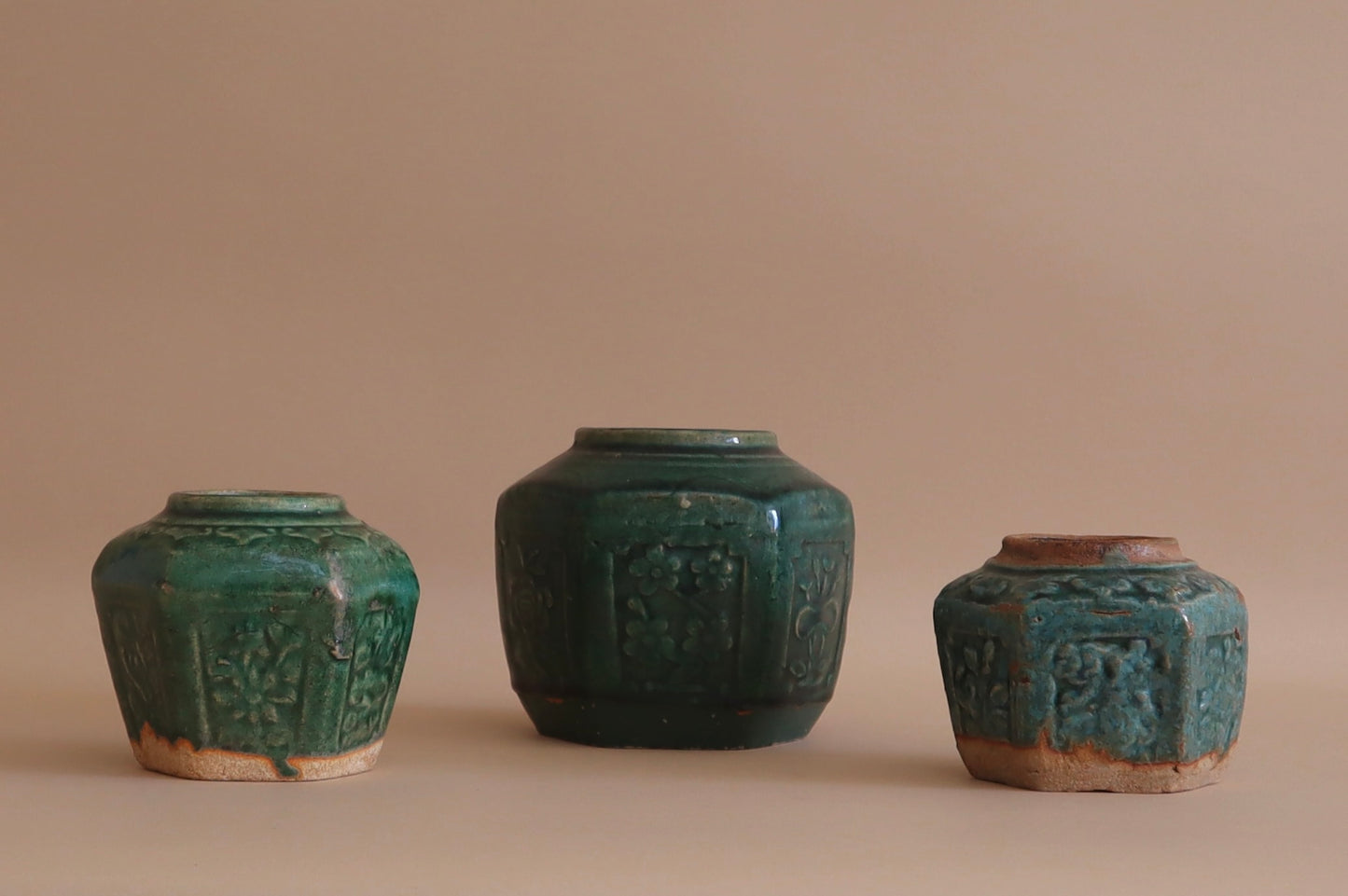 Trio of Antique Green Chinese Vases