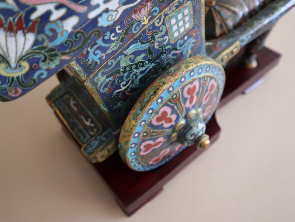 Early 1900s Antique Cloisonné Ox Pulling Cart on Wood Stand