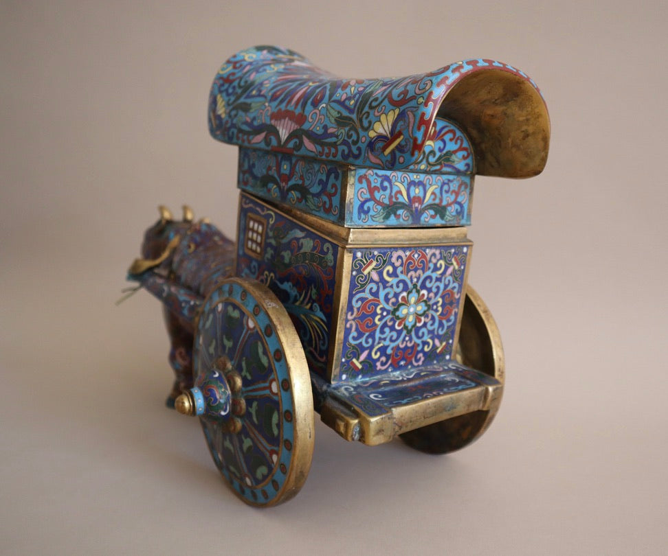 Early 1900s Antique Cloisonné Ox Pulling Cart