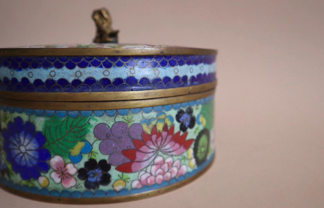 Antique Cloisonné Round Lidded Box With Foo Dog Finial
