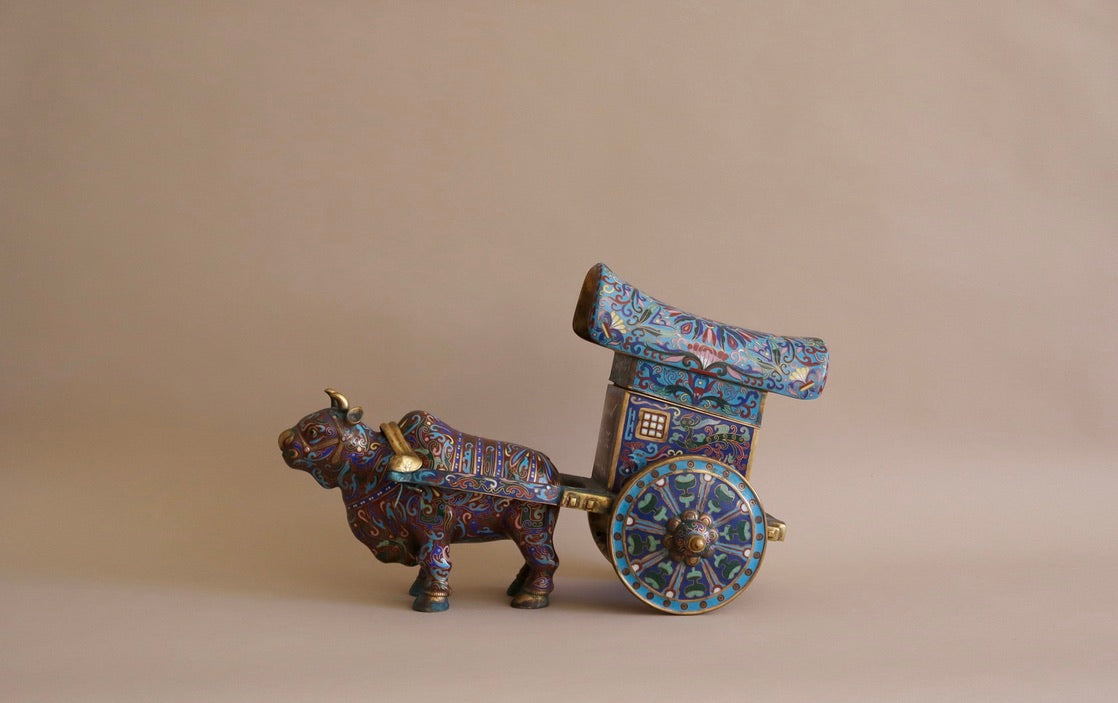 Early 1900s Antique Cloisonné Ox Pulling Cart