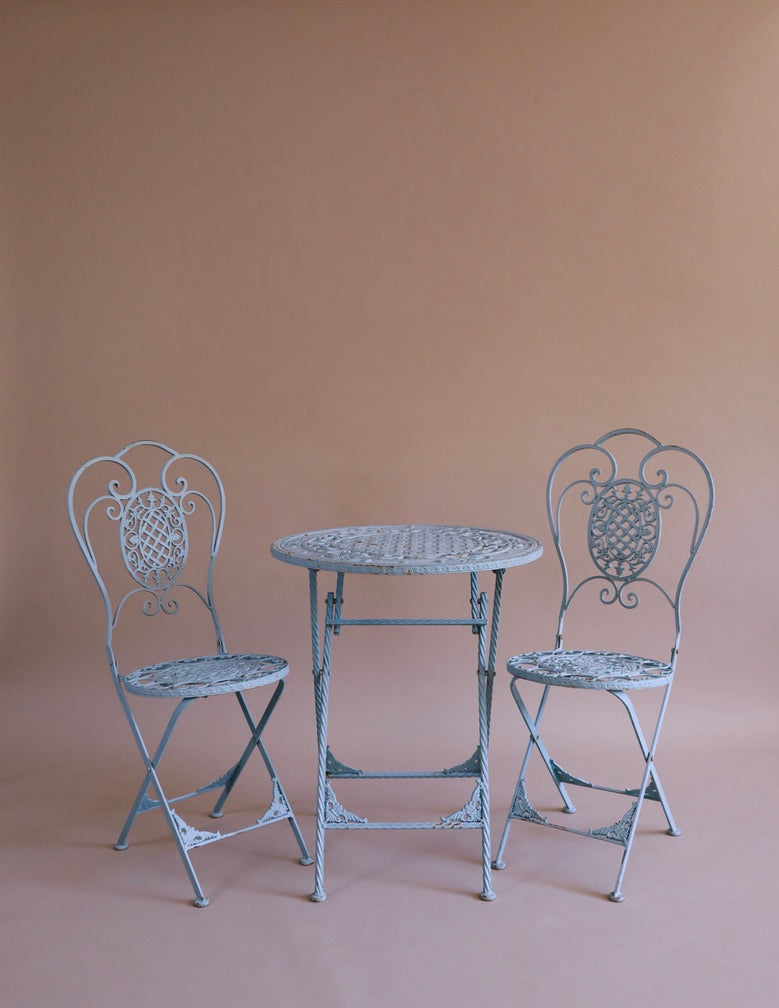 Antique French Blue Folding Bistro Table & (2) Chairs