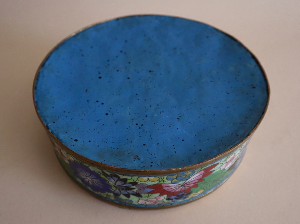 Antique Cloisonné Round Lidded Box With Foo Dog Finial