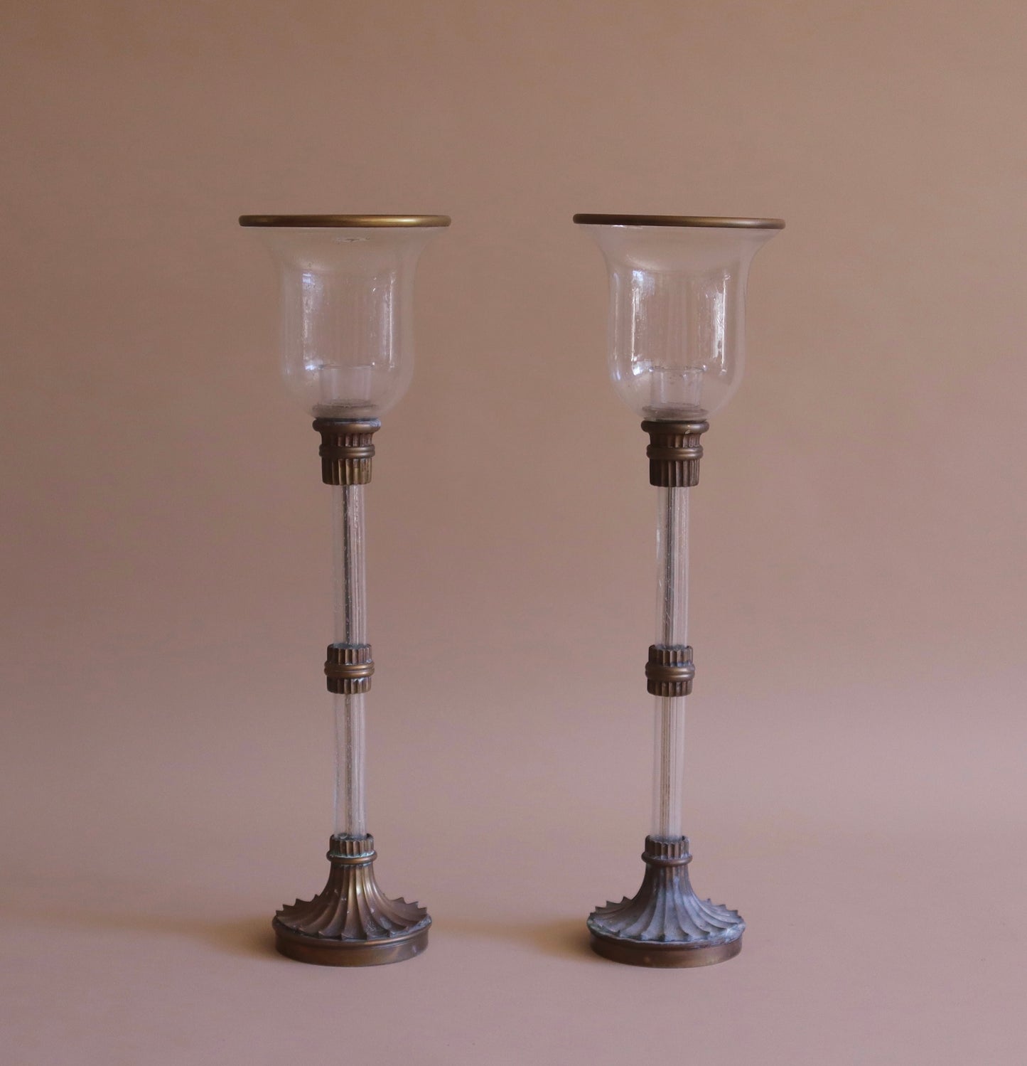 Pair of 1980s Chapman Manufacturing Company Seeded Glass and Brass Candleholders