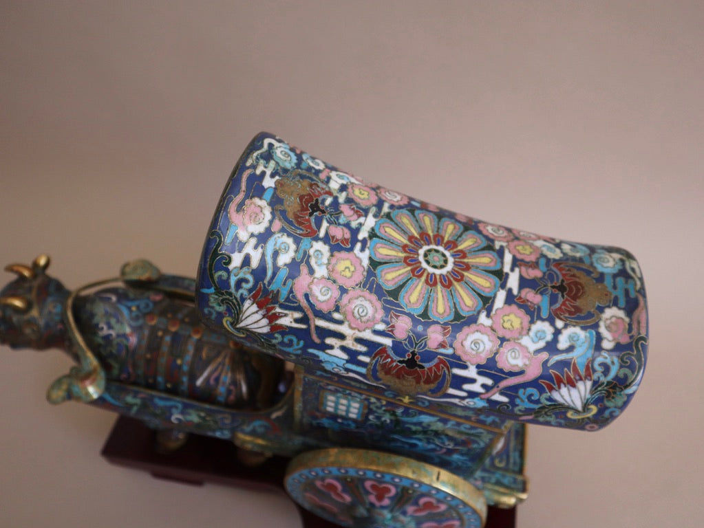 Early 1900s Antique Cloisonné Ox Pulling Cart on Wood Stand