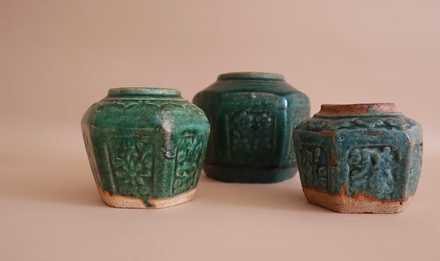 Trio of Antique Green Chinese Vases