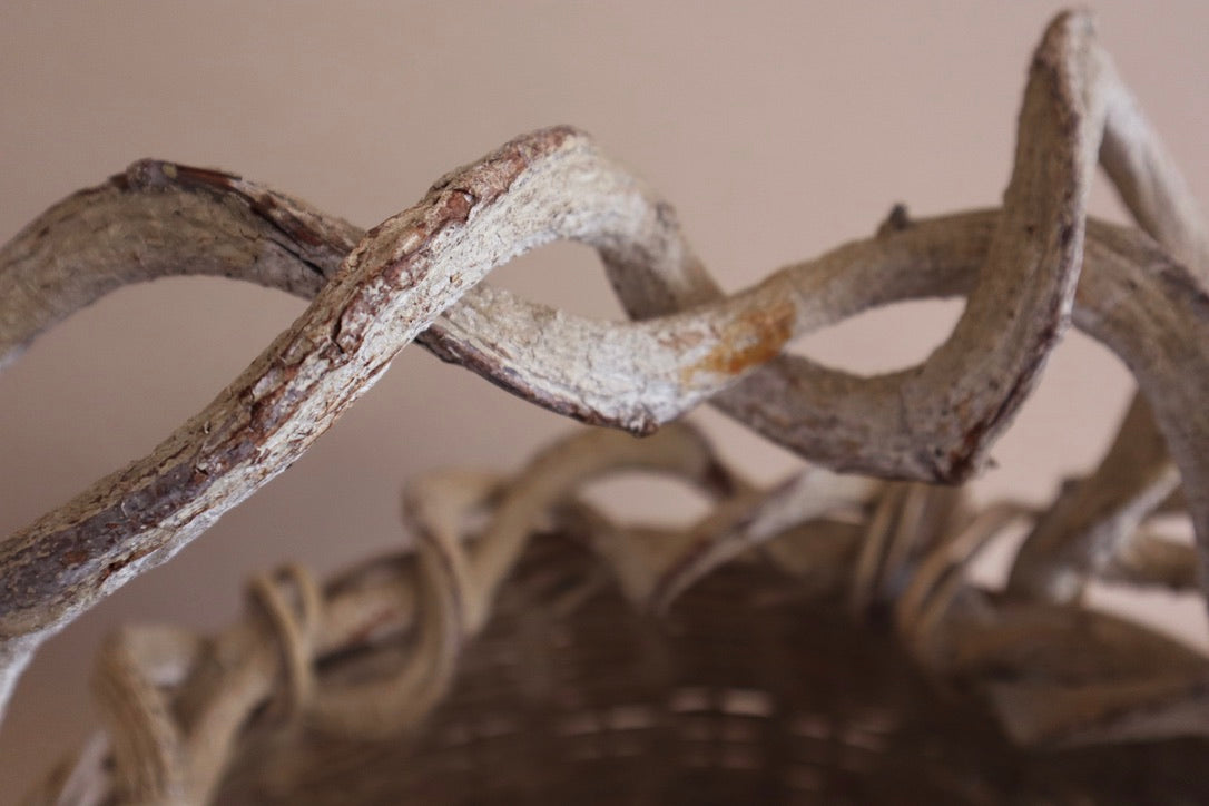1970s Vintage Rustic Vine Handle Woven Basket