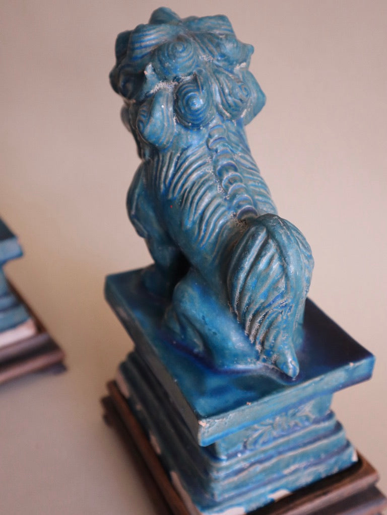 Early 1900s Pair of Antique Teal Glaze Chinese Foo Dogs