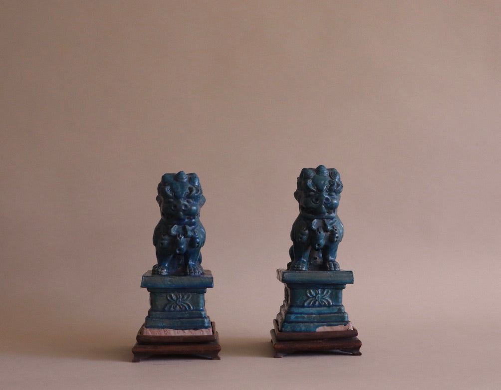 Early 1900s Pair of Antique Teal Glaze Chinese Foo Dogs