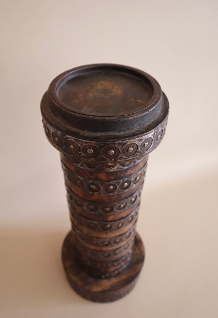 Large 1970's Metal-Banded Wooden Candle Holder