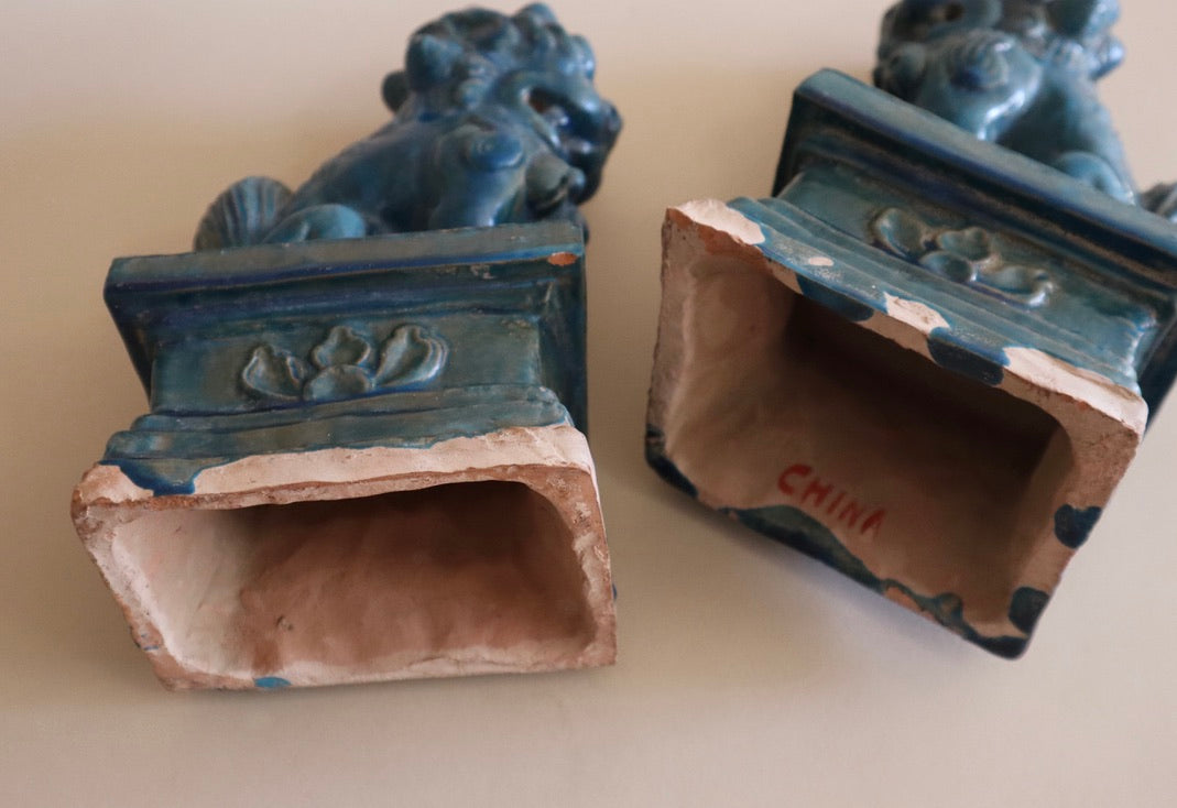 Early 1900s Pair of Antique Teal Glaze Chinese Foo Dogs