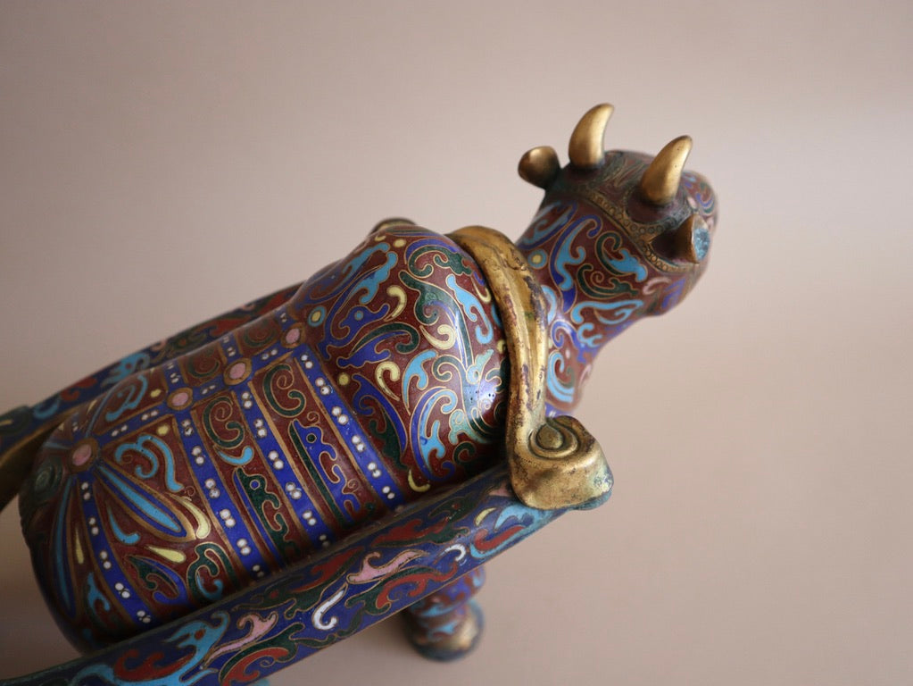 Early 1900s Antique Cloisonné Ox Pulling Cart