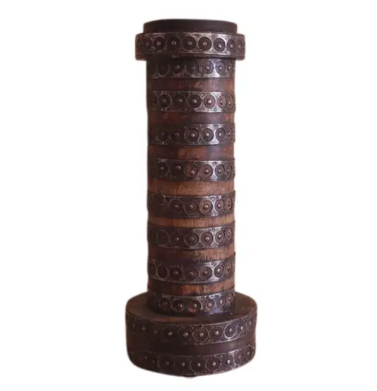 Large 1970's Metal-Banded Wooden Candle Holder