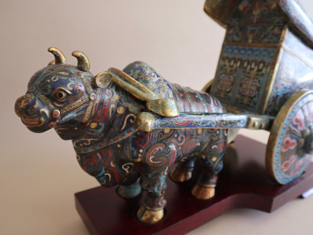 Early 1900s Antique Cloisonné Ox Pulling Cart on Wood Stand
