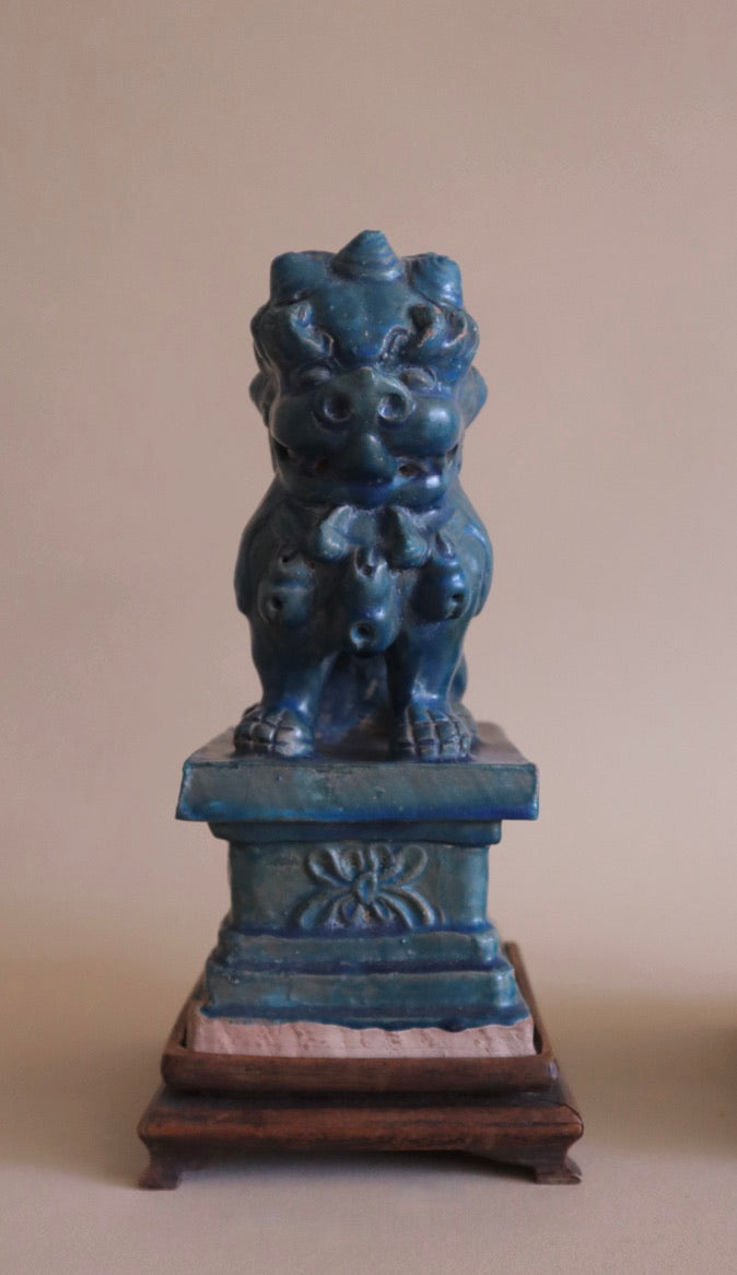 Early 1900s Pair of Antique Teal Glaze Chinese Foo Dogs