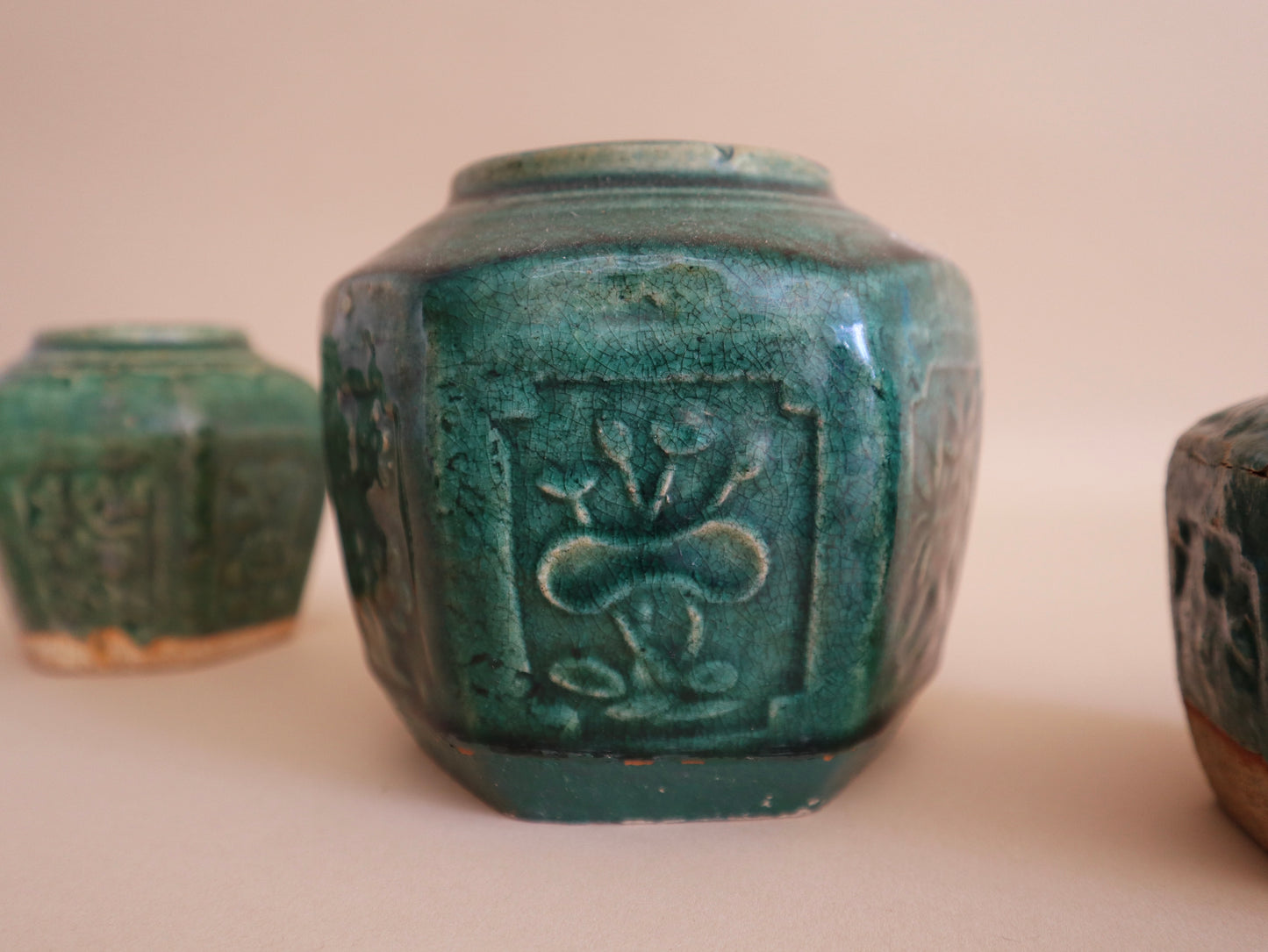 Trio of Antique Green Chinese Vases