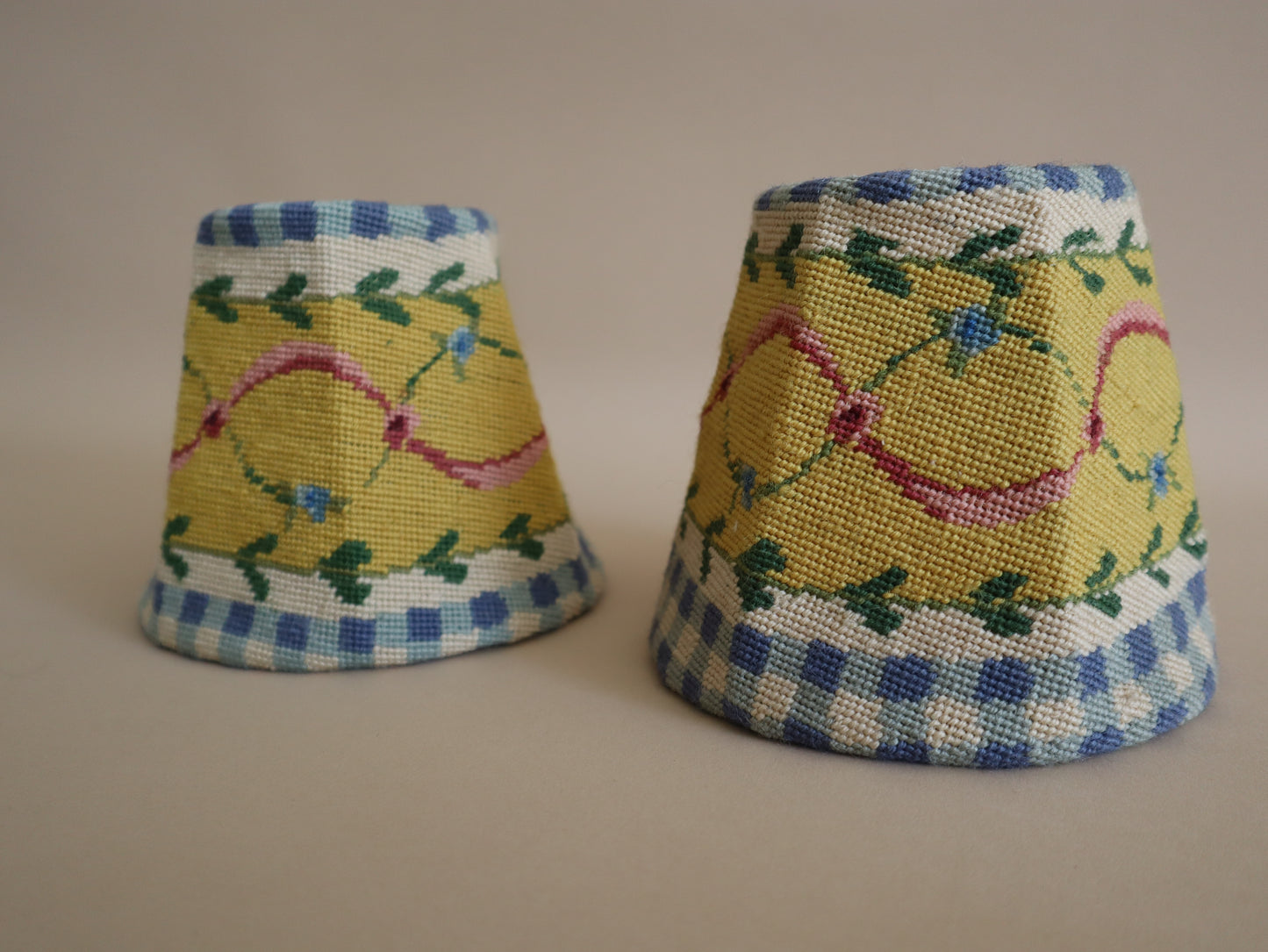 Pair 1990s French Country Mini Needlepoint Lamp Shades