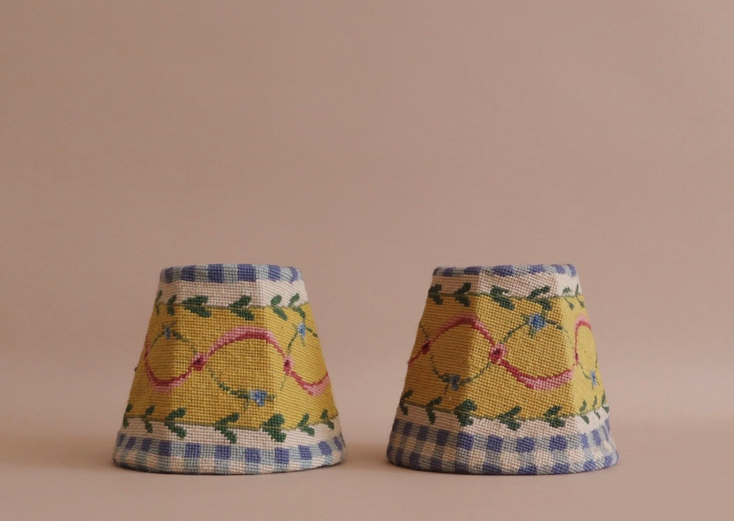 Pair 1990s French Country Mini Needlepoint Lamp Shades