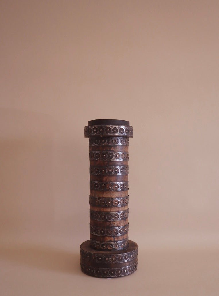 Large 1970's Metal-Banded Wooden Candle Holder