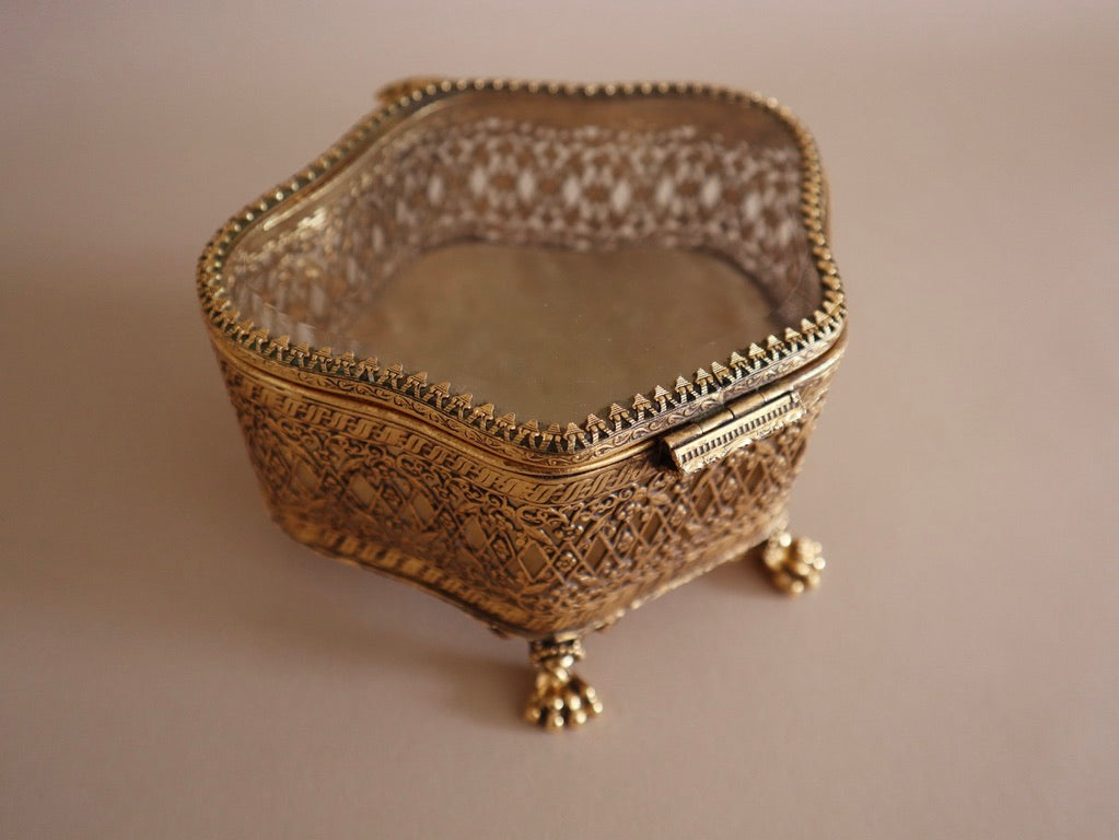Vintage Gold Filigree & Beveled Glass Vanity Box