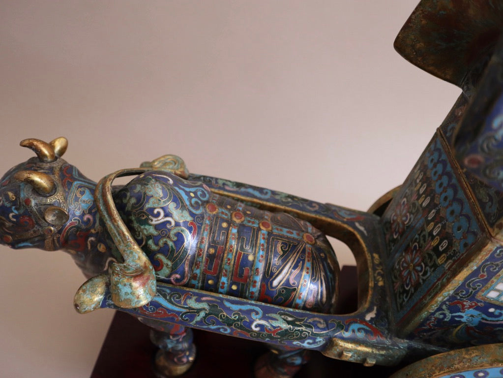 Early 1900s Antique Cloisonné Ox Pulling Cart on Wood Stand
