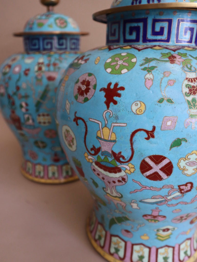 Pair of XL Antique Lidded Cloisonné Ginger Jars