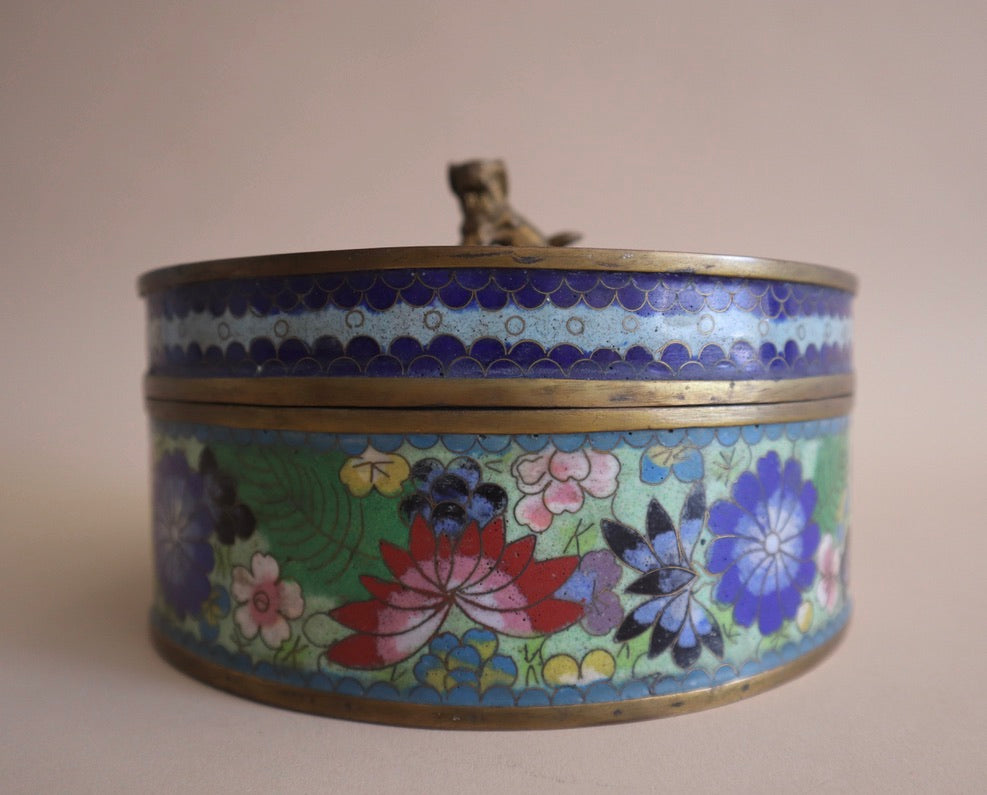 Antique Cloisonné Round Lidded Box With Foo Dog Finial