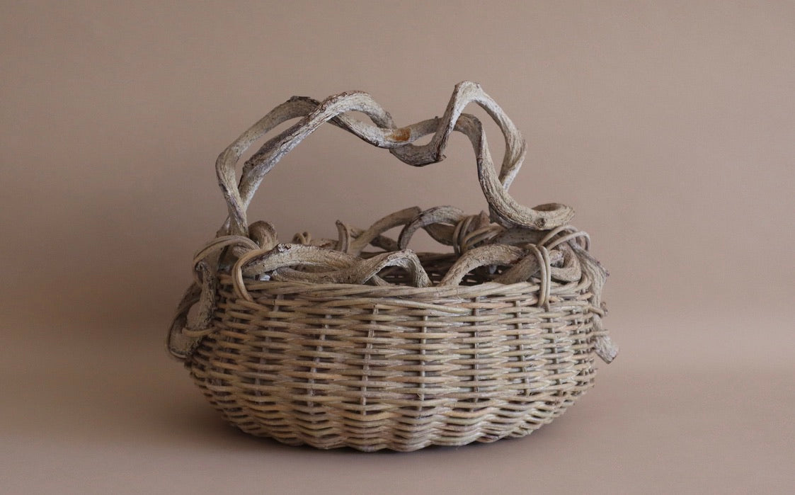 1970s Vintage Rustic Vine Handle Woven Basket