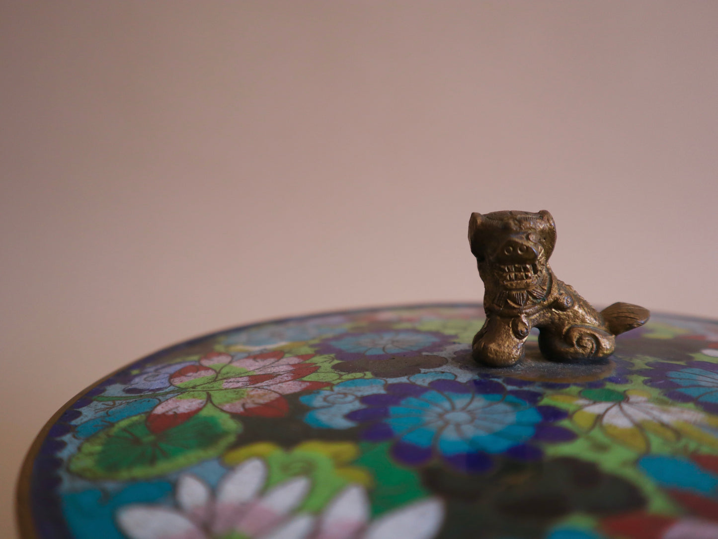 Antique Cloisonné Round Lidded Box With Foo Dog Finial
