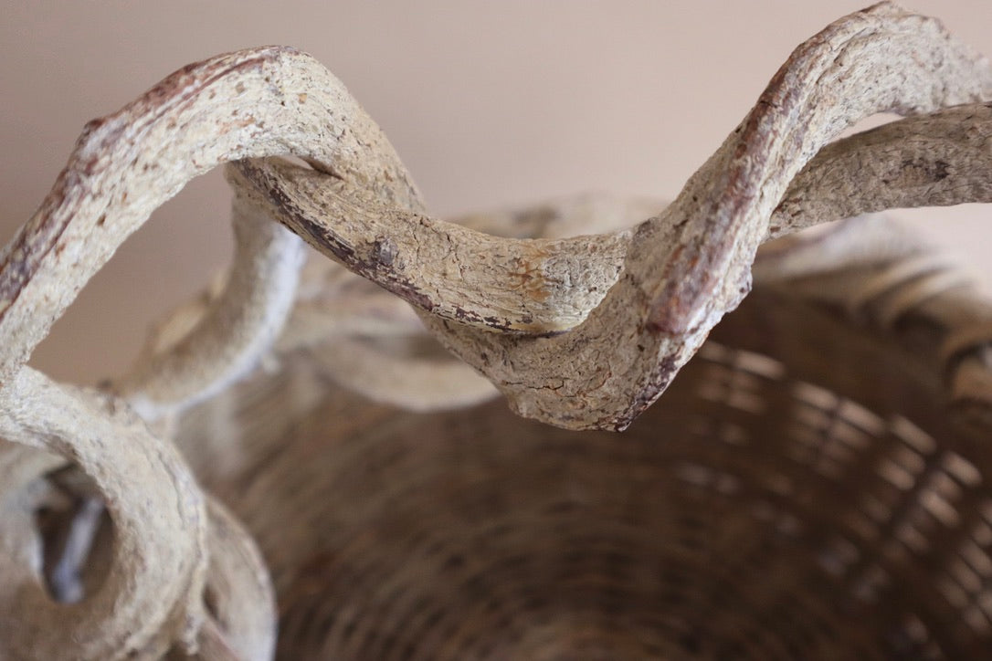 1970s Vintage Rustic Vine Handle Woven Basket